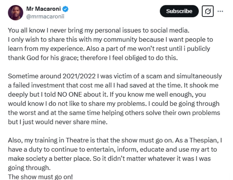 Mr Macaroni Falls For Scam Loses N500m