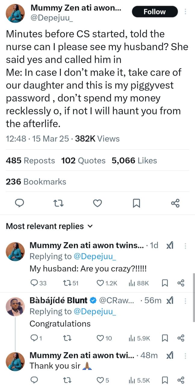 Lady Reveals What She Told Her Husband in Case She Does not Survive C section