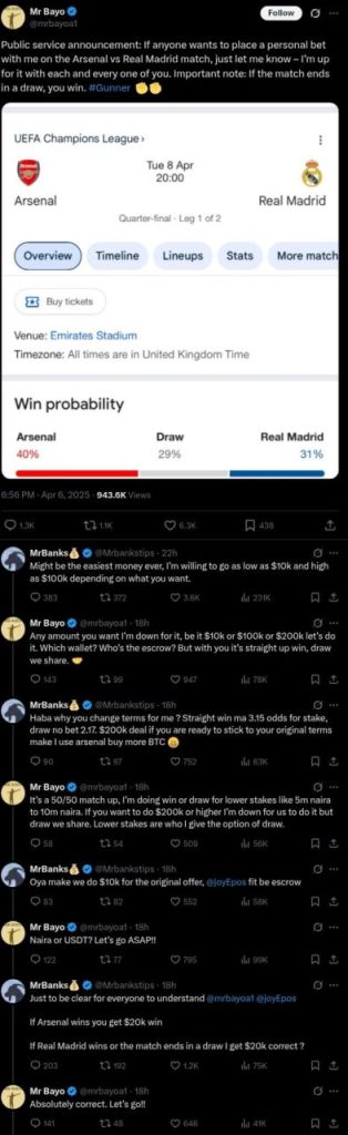 Man bets $10k on Arsenal to beat Real Madrid in UCL quarter-final