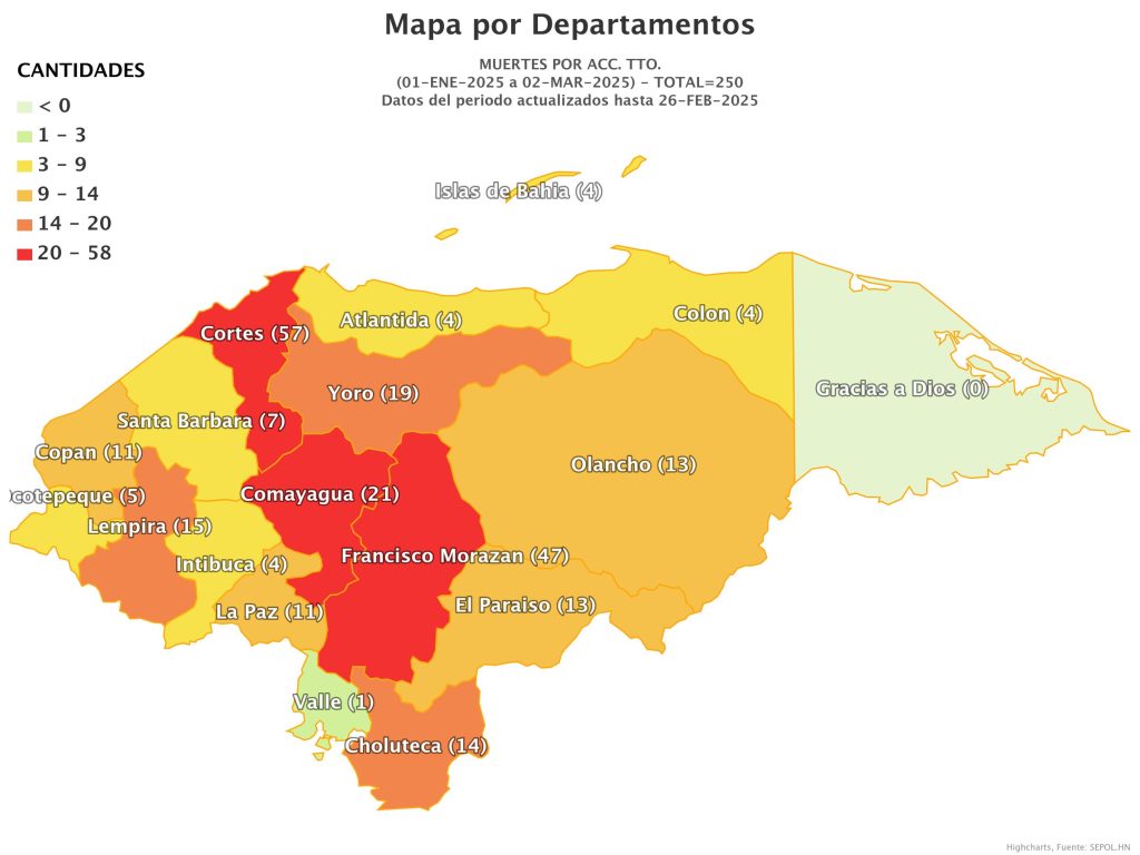 Map of deaths in traffic accidents in Honduras